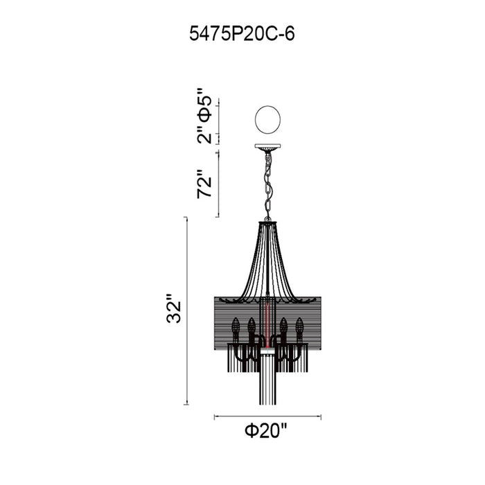 CWI Amelia 6 Light Drum Shade Chandelier, Chrome/Black