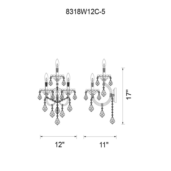 CWI Lighting Maria Theresa 5 Light Wall Light, Chrome