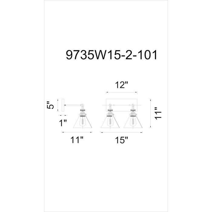 CWI Lighting Eustis 2 Light Wall Light, Black/Gold Brass/Clear