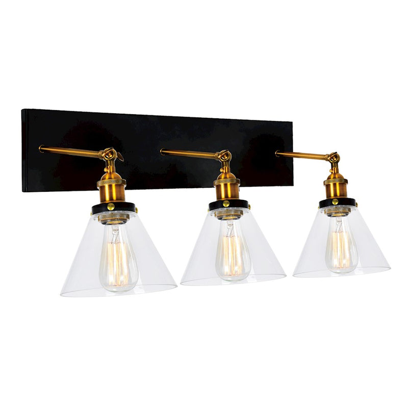 CWI Lighting Eustis 3 Light Wall Light, Black/Gold Brass/Clear