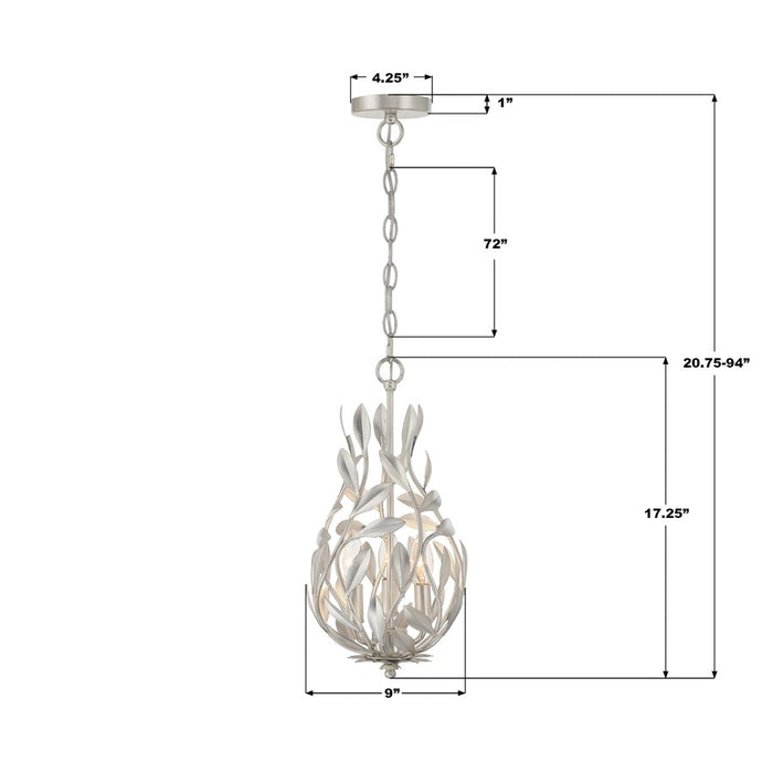 Crystorama Broche 3 Light 9" Chandelier, Antique Silver