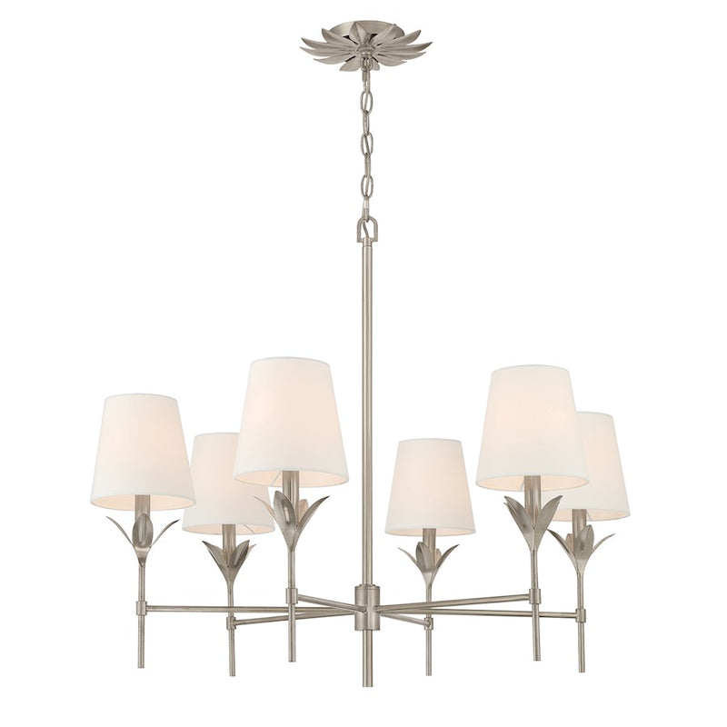 Crystorama Broche 6 Light Chandelier, Antique Silver/White
