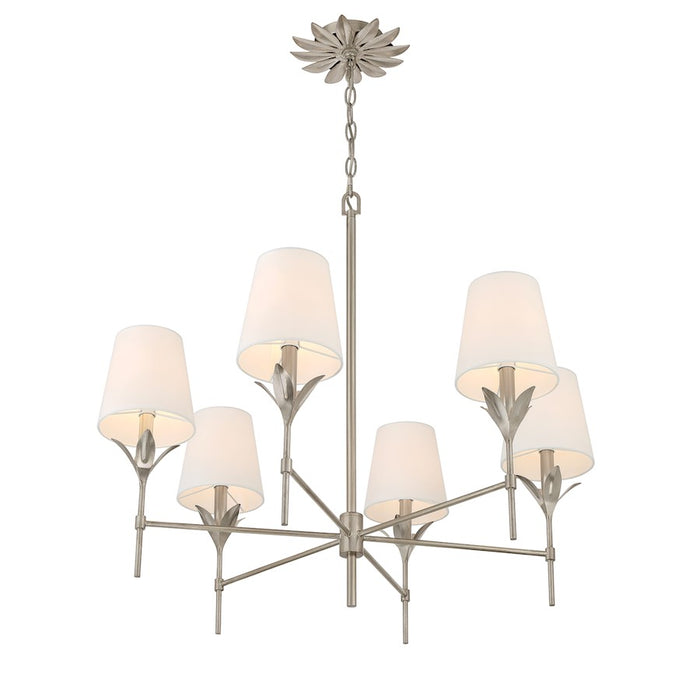 Crystorama Broche 6 Light Chandelier, Antique Silver/White