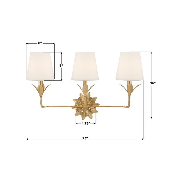 Crystorama Broche 3 Light Bathroom Vanity, Gold/White