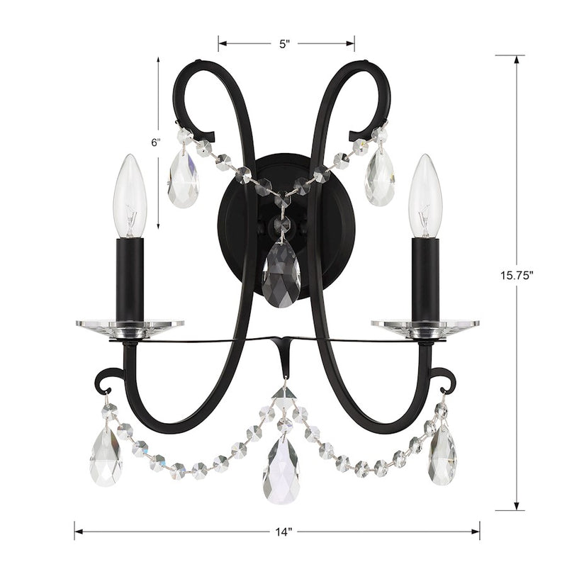 Crystorama Othello 2 Light Wall Mount, Matte Black