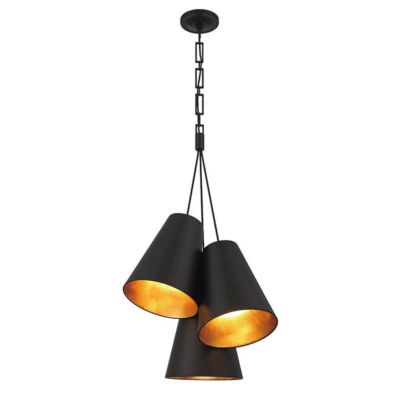Crystorama Alston 3 Light Pendant, Matte Black/ Gold/Black/Gold
