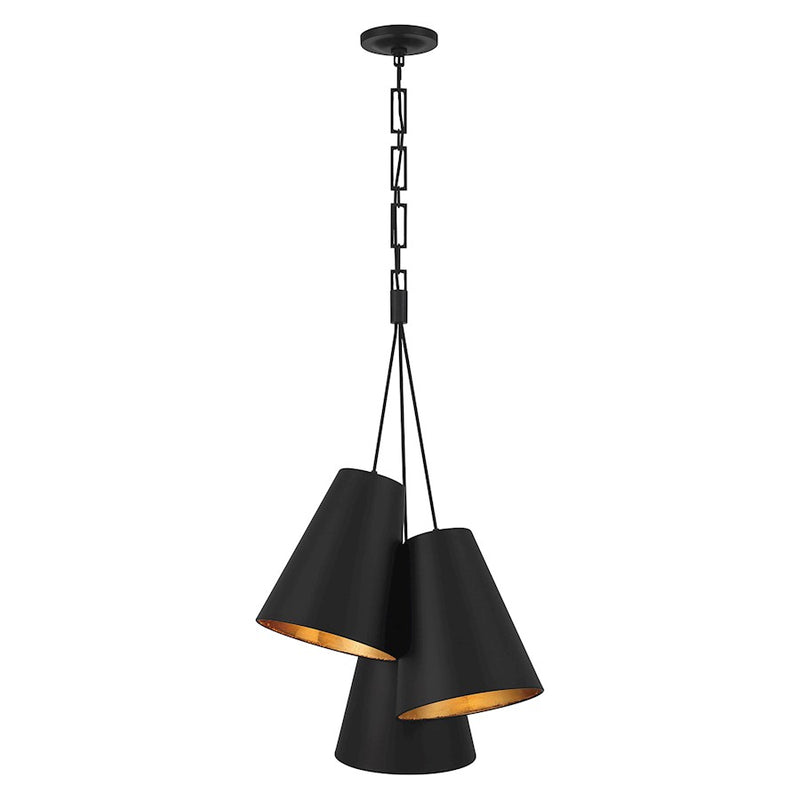 Crystorama Alston 3 Light Pendant, Matte Black/ Gold/Black/Gold