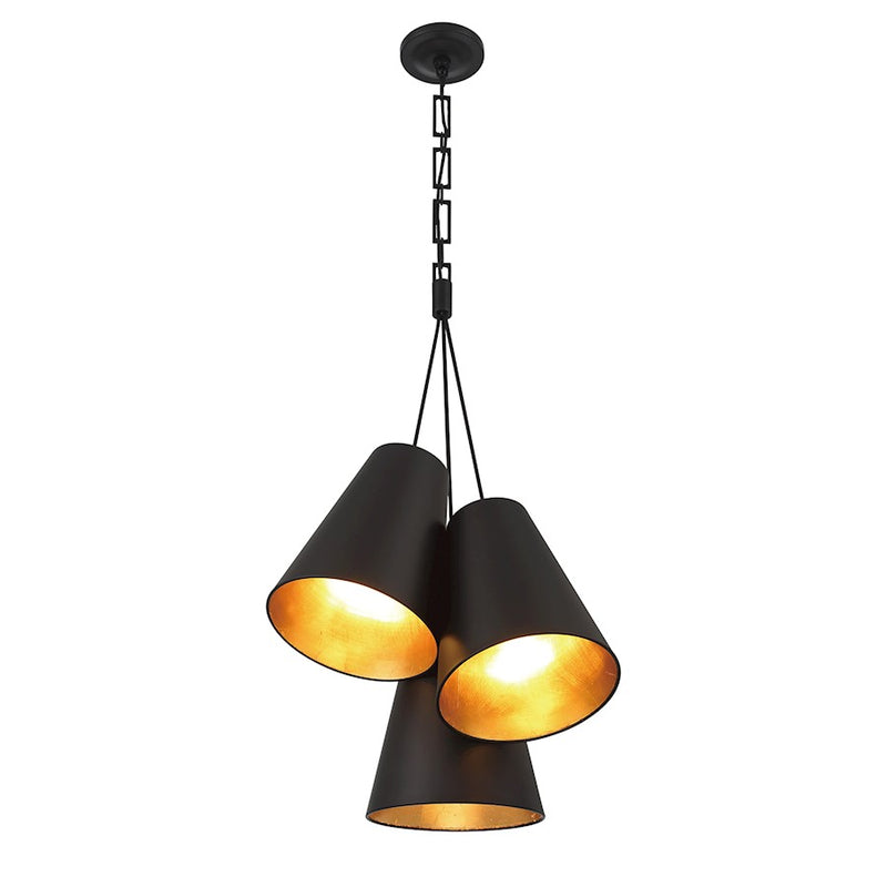 Crystorama Alston 3 Light Pendant, Matte Black/ Gold/Black/Gold