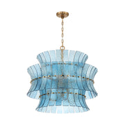Crystorama Abigail 28in 8-Light Chandelier | Mid-Century Aged Brass Steel and Blue Curved Glass | Dining Room & Entryway | 28 x 28 x 26 in | Model ABI-2005-AG-BL