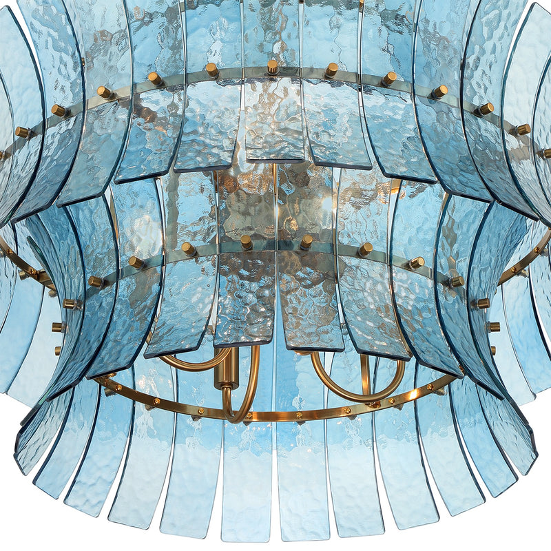 Crystorama Abigail 28in 8-Light Chandelier | Mid-Century Aged Brass Steel and Blue Curved Glass | Dining Room & Entryway | 28 x 28 x 26 in | Model ABI-2005-AG-BL