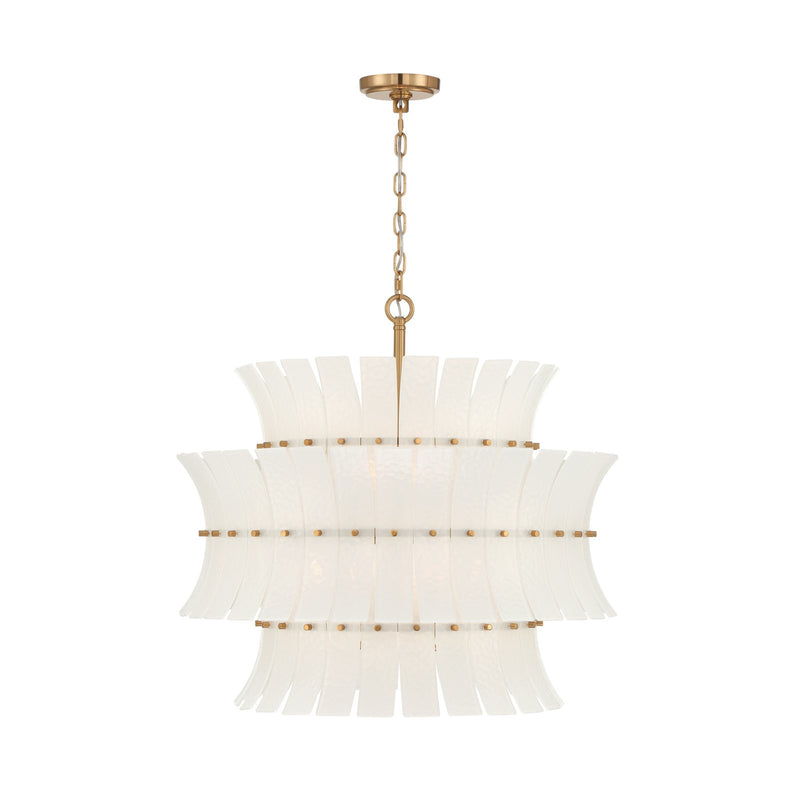 Crystorama Abigail 28in 8-Light Chandelier | Mid-Century Aged Brass Steel and White Curved Glass | Dining Room & Entryway | 28 x 28 x 26 in | Model ABI-2005-AG-WH