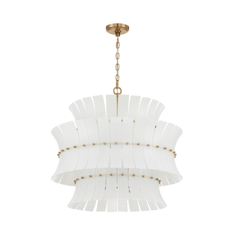 Crystorama Abigail 28in 8-Light Chandelier | Mid-Century Aged Brass Steel and White Curved Glass | Dining Room & Entryway | 28 x 28 x 26 in | Model ABI-2005-AG-WH
