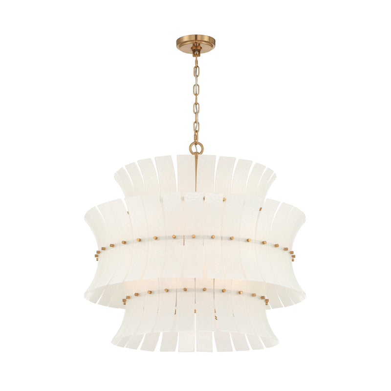 Crystorama Abigail 28in 8-Light Chandelier | Mid-Century Aged Brass Steel and White Curved Glass | Dining Room & Entryway | 28 x 28 x 26 in | Model ABI-2005-AG-WH