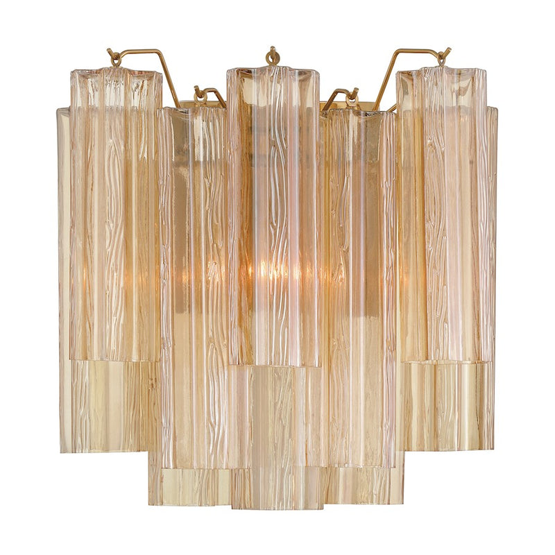 Crystorama Addis 2 Light Sconce, Aged Brass/Tronchi Glass Amber