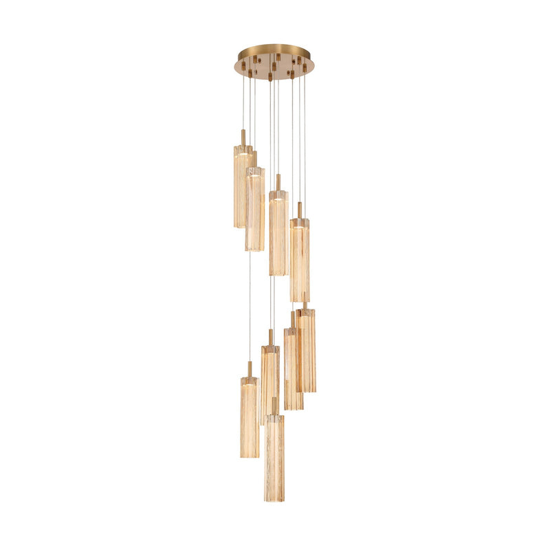 Crystorama Addis 12in 9-Light LED Pendant | Mid-Century Aged Brass and Amber Tronchi Glass | Entryway & Dining Room | 12 x 12 x 21 in | Model ADD-405-AG-AM
