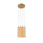Crystorama Addis 12in 9-Light LED Pendant | Mid-Century Aged Brass and Amber Tronchi Glass | Entryway & Dining Room | 12 x 12 x 21 in | Model ADD-405-AG-AM