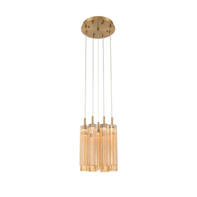 Crystorama Addis 12in 9-Light LED Pendant | Mid-Century Aged Brass and Amber Tronchi Glass | Entryway & Dining Room | 12 x 12 x 21 in | Model ADD-405-AG-AM