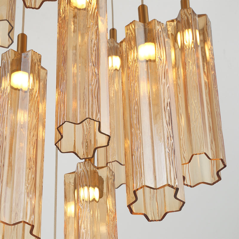 Crystorama Addis 12in 9-Light LED Pendant | Mid-Century Aged Brass and Amber Tronchi Glass | Entryway & Dining Room | 12 x 12 x 21 in | Model ADD-405-AG-AM