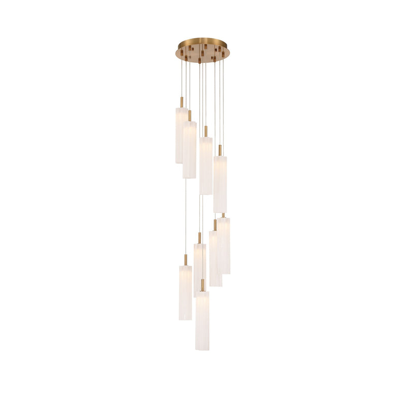 Crystorama Addis 12in 9-Light Pendant | Mid-Century Aged Brass and White Tronchi Glass | Entryway & Dining Room | 12 x 12 x 21 in | Model ADD-405-AG-WH