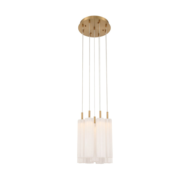 Crystorama Addis 12in 9-Light Pendant | Mid-Century Aged Brass and White Tronchi Glass | Entryway & Dining Room | 12 x 12 x 21 in | Model ADD-405-AG-WH