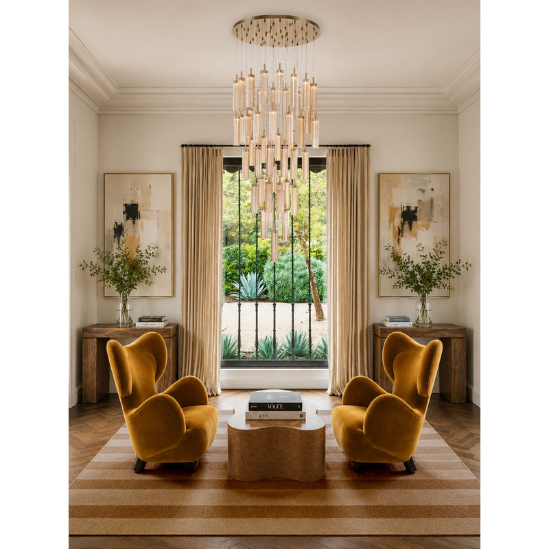 Crystorama Addis 36in 46-Light LED Pendant | Mid-Century Aged Brass and Amber Tronchi Glass | Entryway & Dining Room | 36 x 36 x 21 in | Model ADD-423-AG-AM