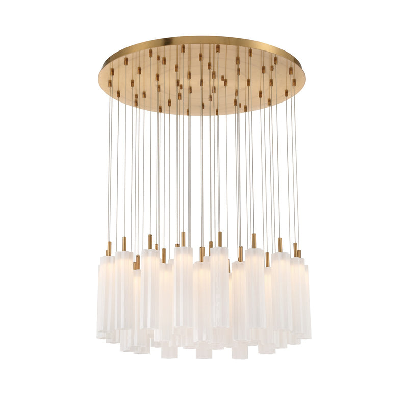 Crystorama Addis 36in 46-Light Pendant | Mid-Century Aged Brass and White Tronchi Glass | Entryway & Dining Room | 36 x 36 x 21 in | Model ADD-423-AG-WH
