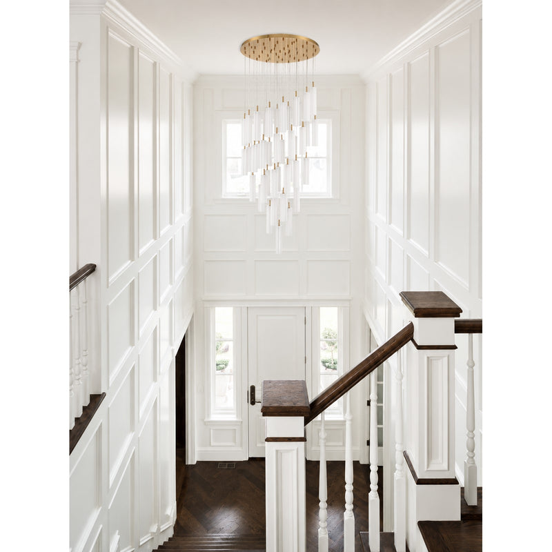 Crystorama Addis 36in 46-Light Pendant | Mid-Century Aged Brass and White Tronchi Glass | Entryway & Dining Room | 36 x 36 x 21 in | Model ADD-423-AG-WH