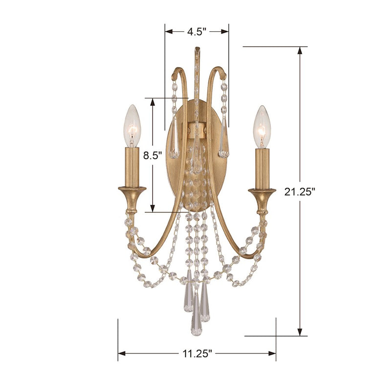 Crystorama Arcadia 2 Light Wall Mount, Antique Gold