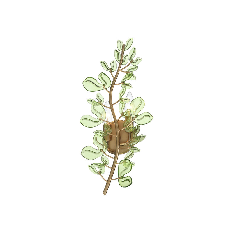 Crystorama Bridget 8.5in 2-Light Wall Sconce | Coastal Soft Gold Steel and Green Glass | Bathroom & Bedroom Accent | 8.5 x 5 x 19 in | Model BGT-331-SG-GR