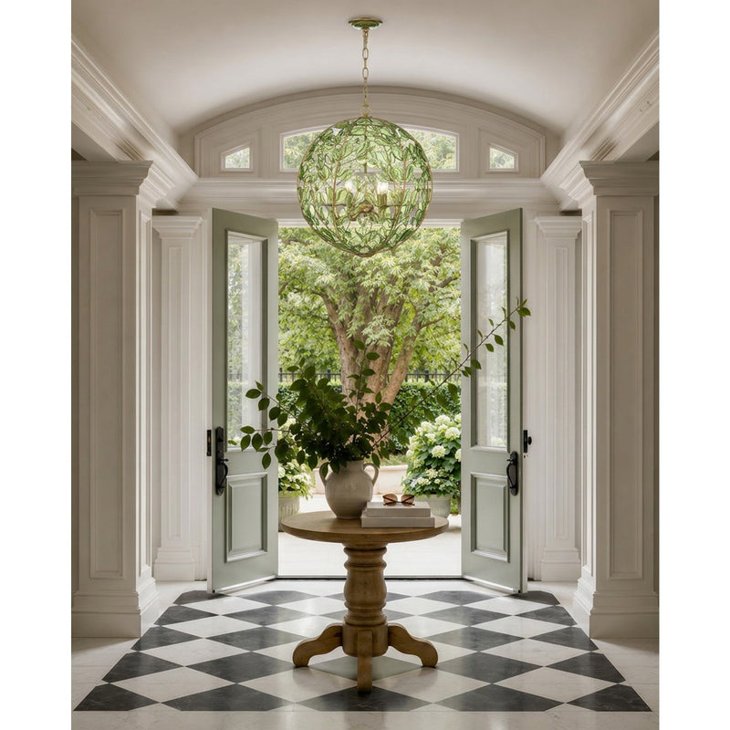 Crystorama Bridget 21in 6-Light Chandelier | Coastal Soft Gold and Green Glass | Dining Room & Entryway | 21 x 21 x 23.25 in | Model BGT-335-SG-GR