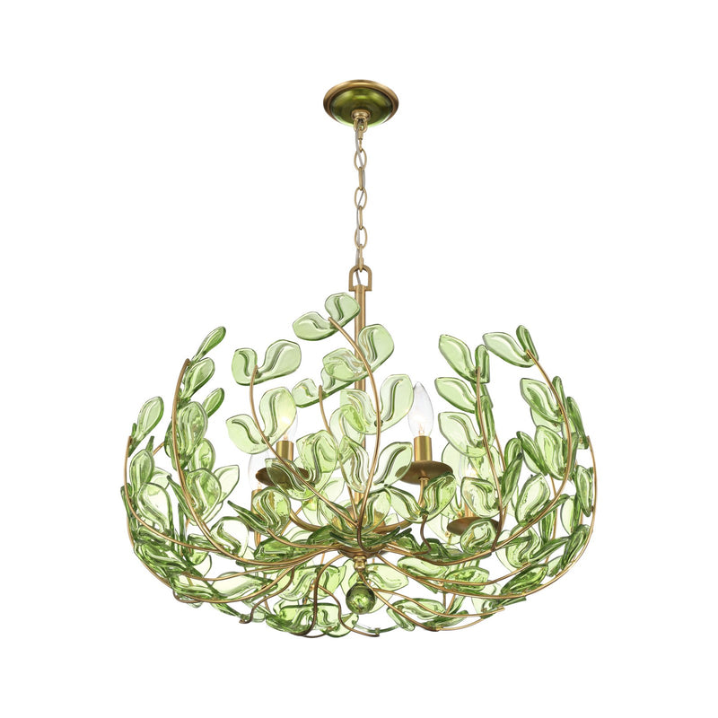 Crystorama Bridget 23.5in 5-Light Chandelier | Coastal Soft Gold Steel and Green Floral Glass | Dining Room & Entryway | 23.5 x 23.5 x 20 in | Model BGT-336-SG-GR