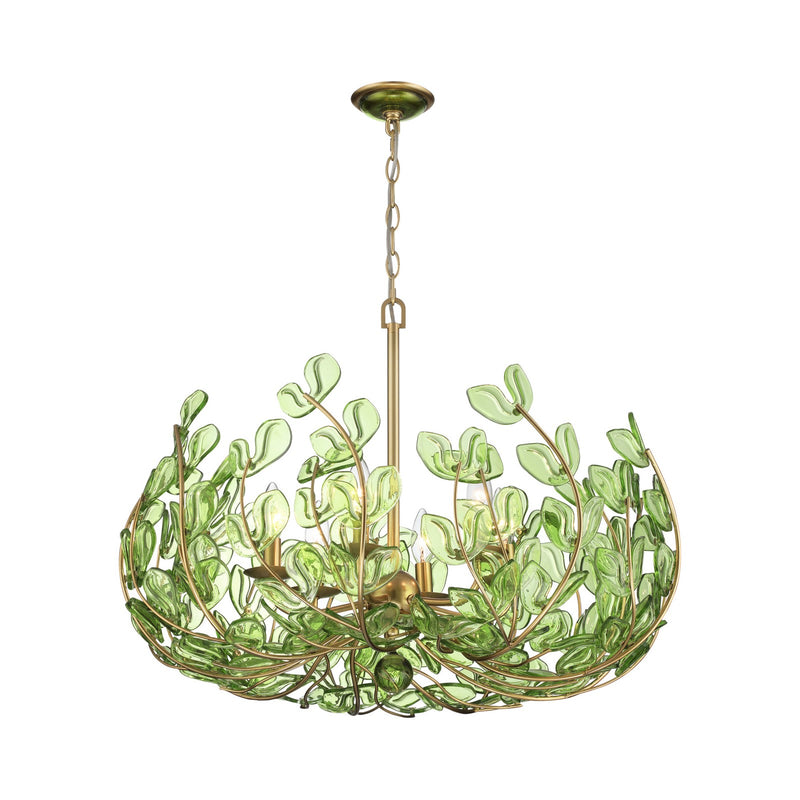 Crystorama Bridget 28.25in 6-Light Chandelier | Coastal Soft Gold Steel and Green Floral Glass | Dining Room & Entryway | 28.25 x 28.25 x 20.5 in | Model BGT-338-SG-GR
