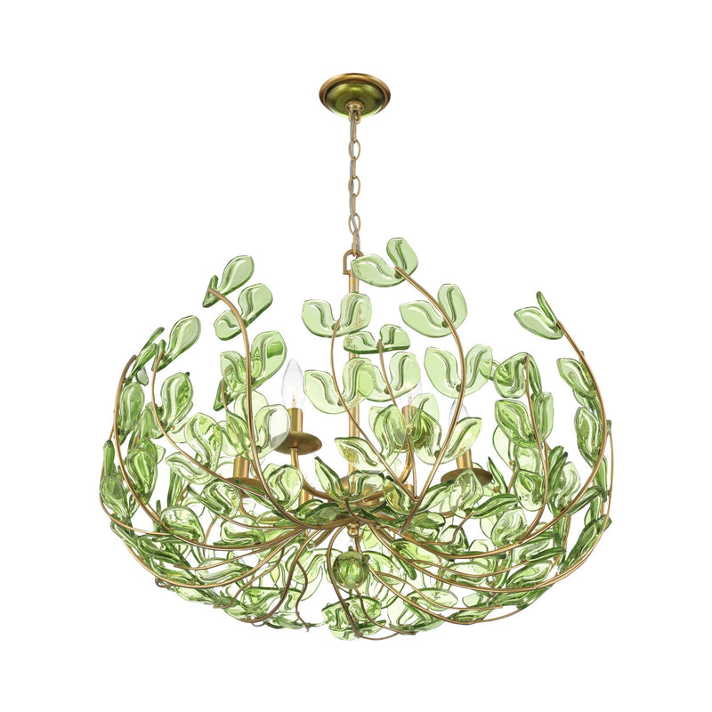 Crystorama Bridget 28.25in 6-Light Chandelier | Coastal Soft Gold Steel and Green Floral Glass | Dining Room & Entryway | 28.25 x 28.25 x 20.5 in | Model BGT-338-SG-GR