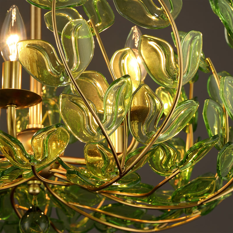 Crystorama Bridget 28.25in 6-Light Chandelier | Coastal Soft Gold Steel and Green Floral Glass | Dining Room & Entryway | 28.25 x 28.25 x 20.5 in | Model BGT-338-SG-GR