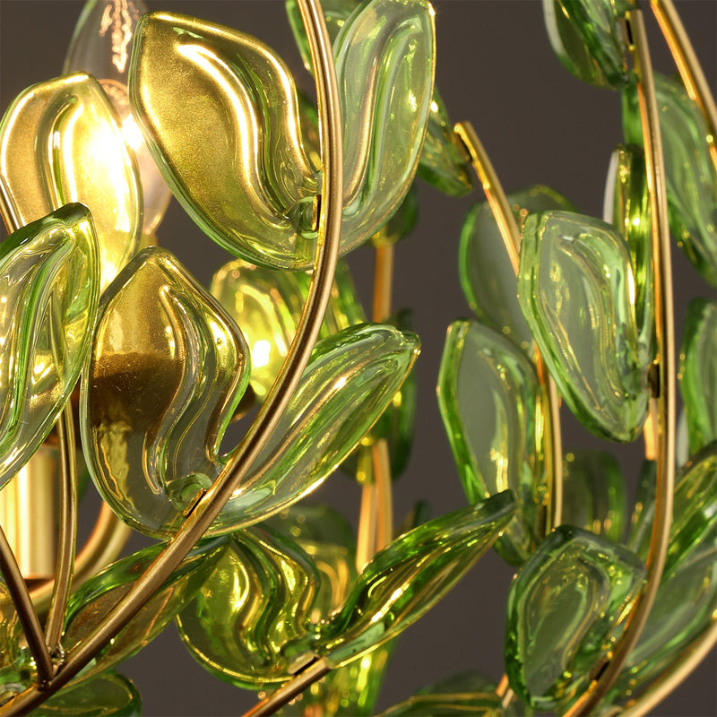 Crystorama Bridget 42in 12-Light Chandelier | Coastal Soft Gold Steel and Green Floral Glass | Dining Room & Entryway | 42 x 42 x 27.5 in | Model BGT-339-SG-GR