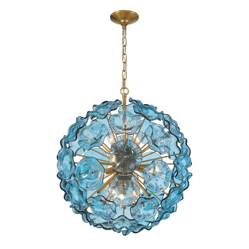 Crystorama Esme 9 Light Pendant, Brass/Floral Glass Petals Blue