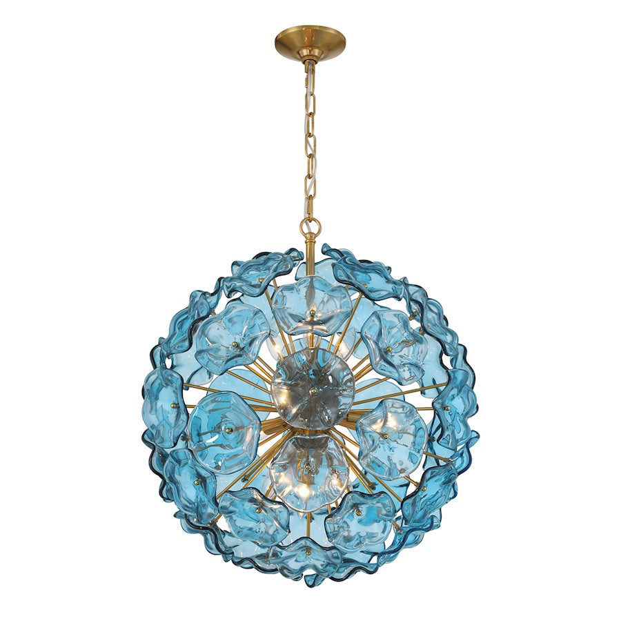 Crystorama Esme 9 Light Pendant, Brass/Floral Glass Petals Blue - ESM-4006-AG-BL