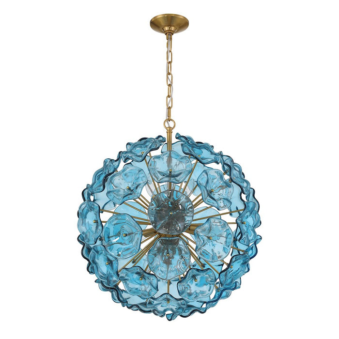 Crystorama Esme 9 Light Pendant, Brass/Floral Glass Petals Blue