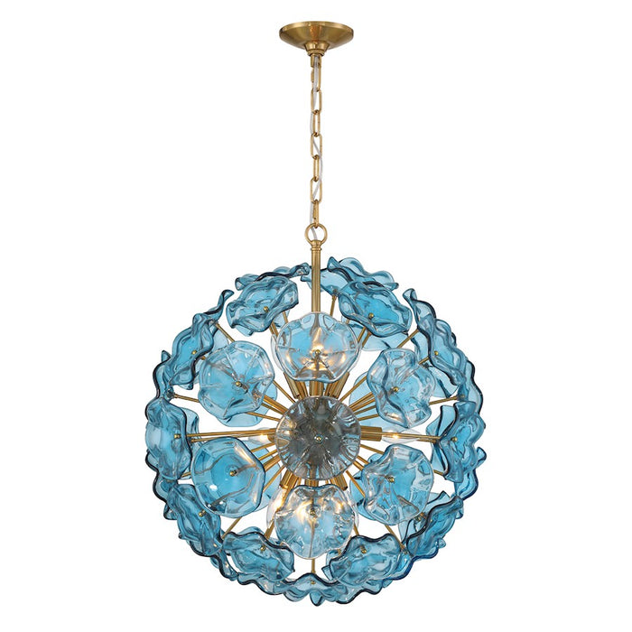 Crystorama Esme 9 Light Pendant, Brass/Floral Glass Petals Blue