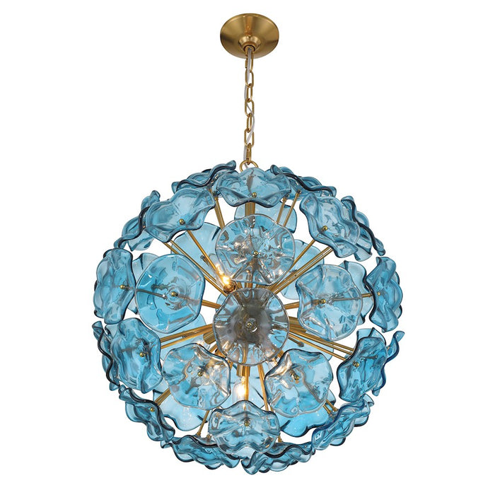 Crystorama Esme 9 Light Pendant, Brass/Floral Glass Petals Blue