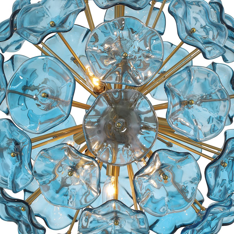 Crystorama Esme 9 Light Pendant, Brass/Floral Glass Petals Blue