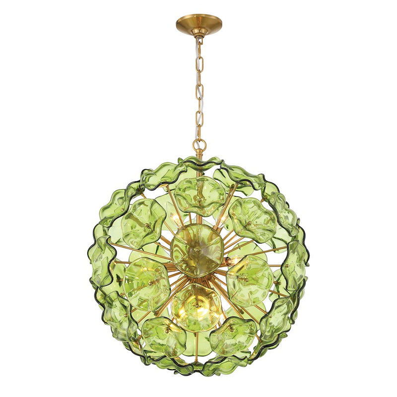 Crystorama Esme 9Lt Pendant, Brass/Floral Glass Petals Green