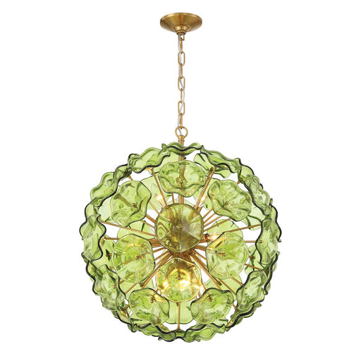 Crystorama Esme 9Lt Pendant, Brass/Floral Glass Petals Green - ESM-4006-AG-GR