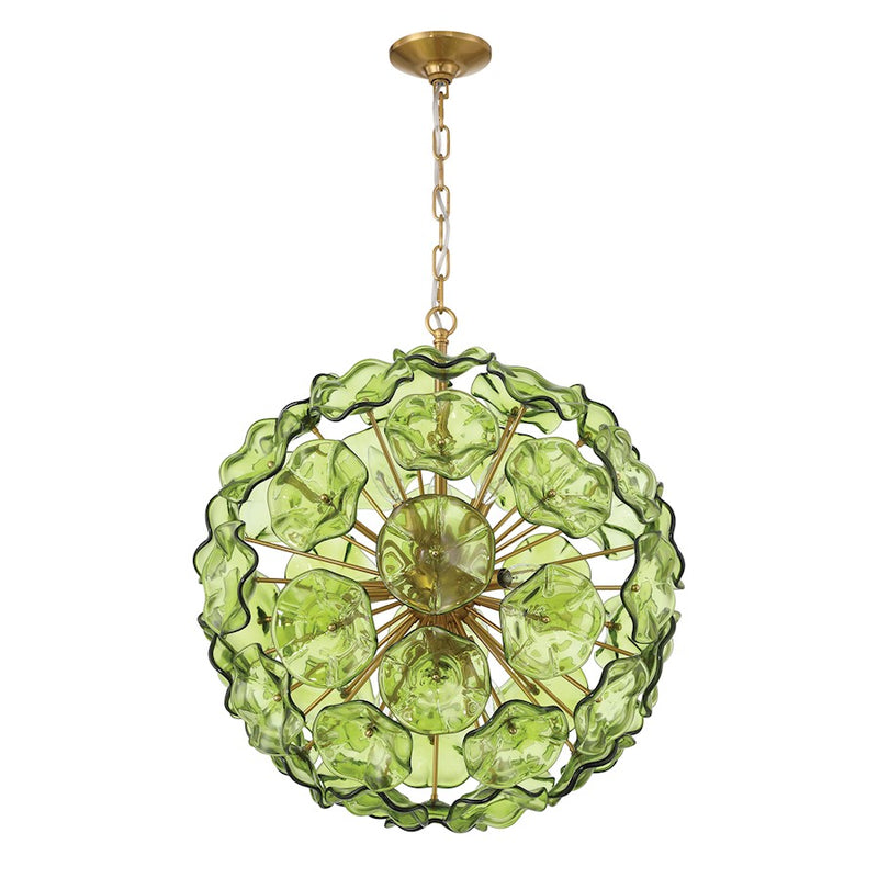 Crystorama Esme 9Lt Pendant, Brass/Floral Glass Petals Green