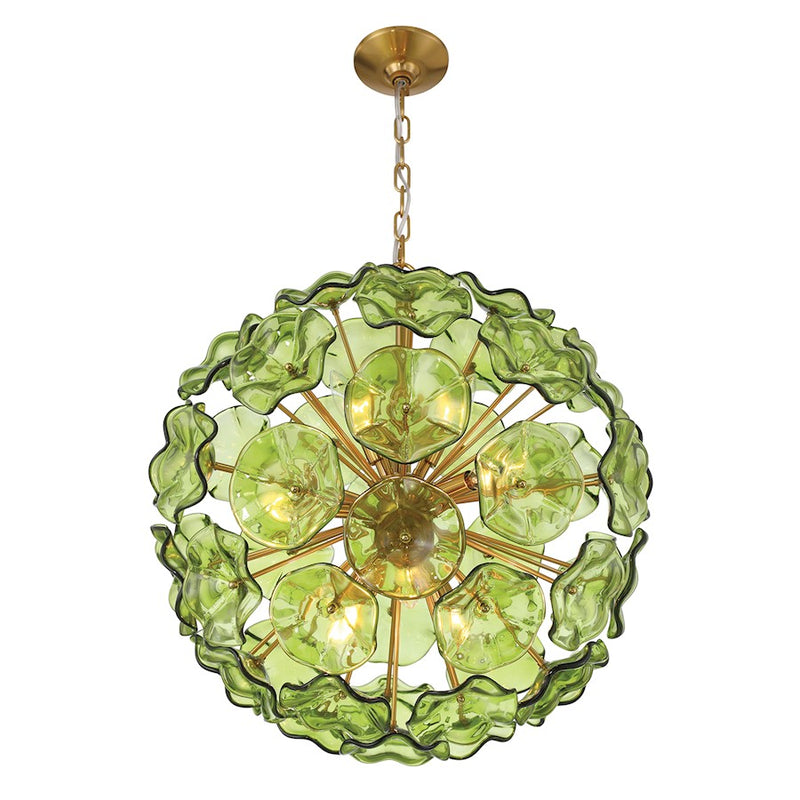 Crystorama Esme 9Lt Pendant, Brass/Floral Glass Petals Green
