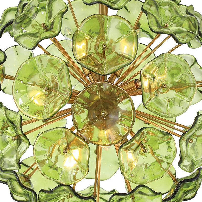 Crystorama Esme 9Lt Pendant, Brass/Floral Glass Petals Green
