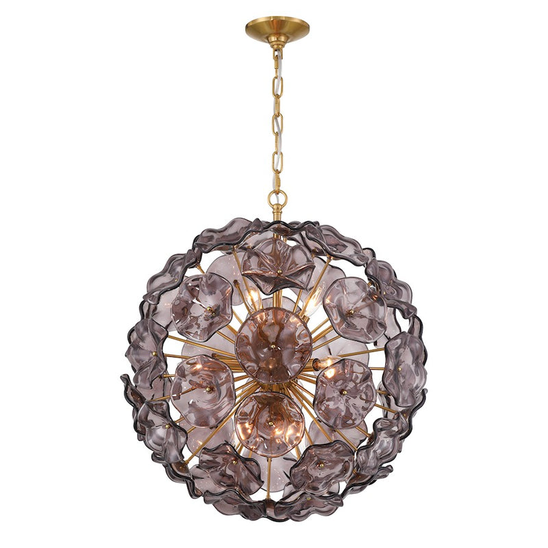 Crystorama Esme 9Lt Pendant, Brass/Floral Glass Petals Smoked