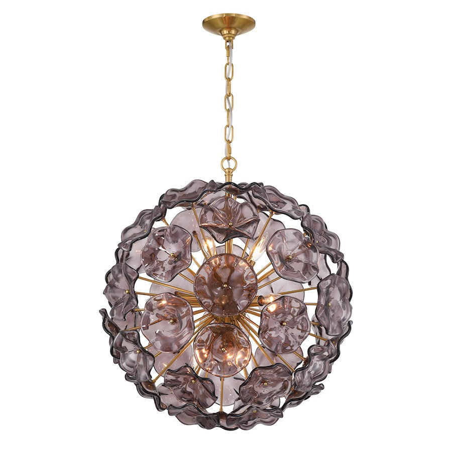 Crystorama Esme 9Lt Pendant, Brass/Floral Glass Petals Smoked - ESM-4006-AG-SM