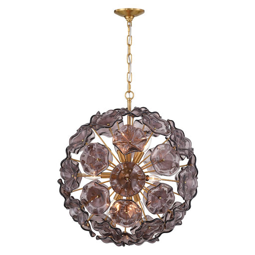 Crystorama Esme 9Lt Pendant, Brass/Floral Glass Petals Smoked