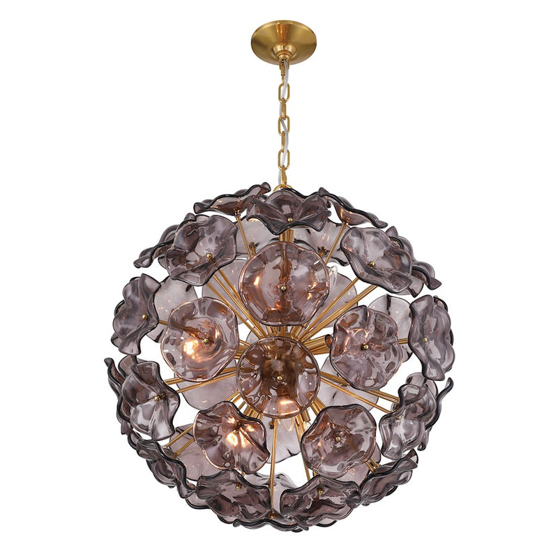 Crystorama Esme 9Lt Pendant, Brass/Floral Glass Petals Smoked